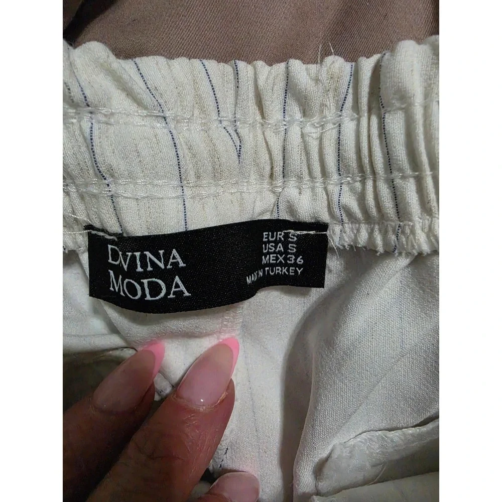 Divina Moda Womens Pinstripe Pant Suit Set Cream Blue Blazer Trousers Small